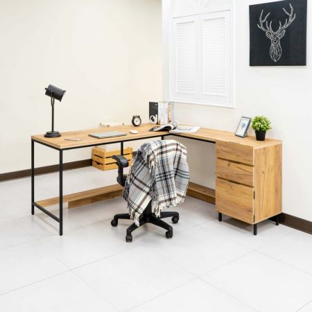 Jobb tölgy 3 fiókos 160 cm-es vas alkatrészekkel L-alakú íróasztal - Jobb tölgy 3 fiókos 160 cm-es vas alkatrészekkel L-alakú íróasztal